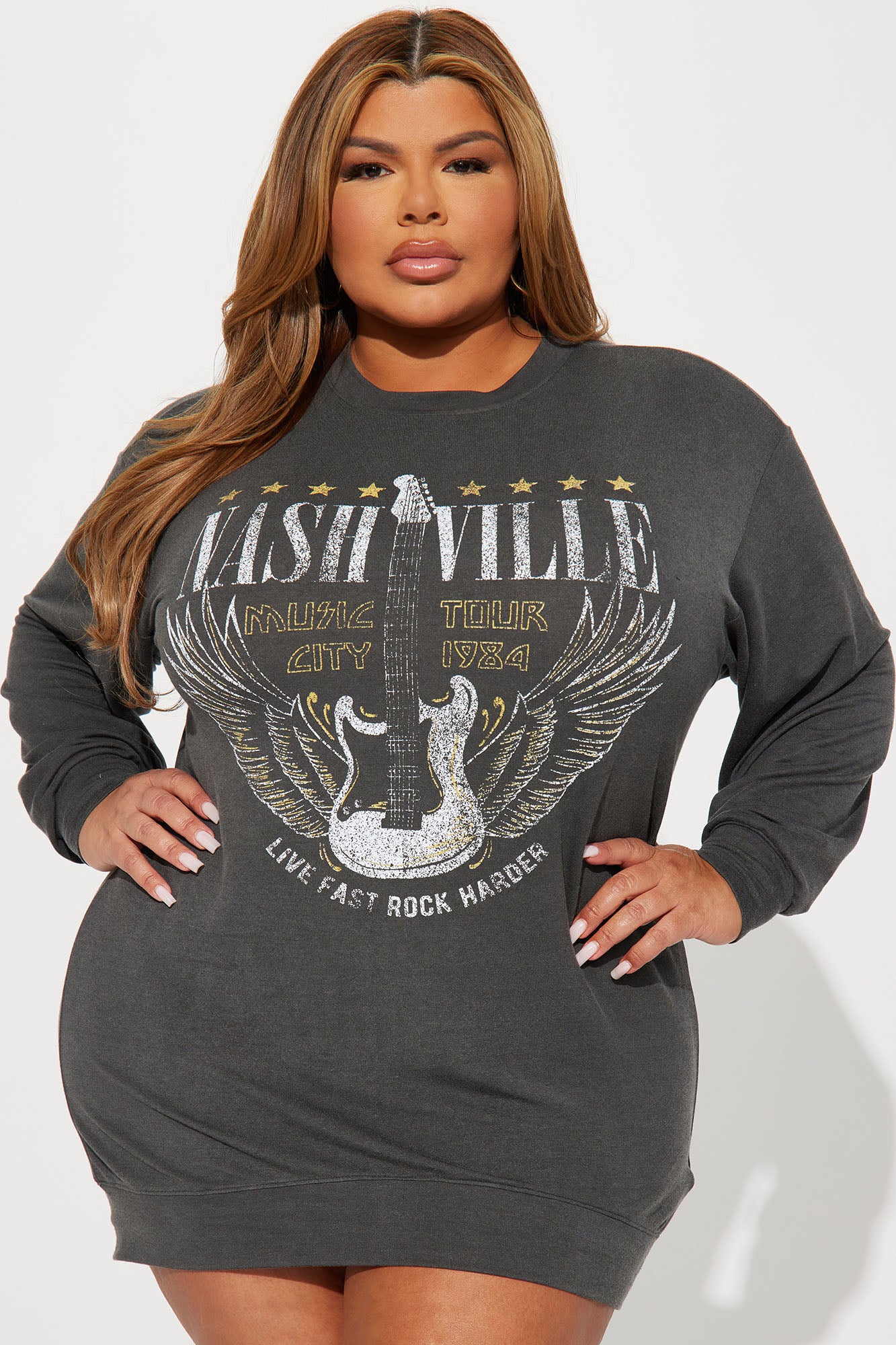 Nashville Long Sleeve T-Shirt Mini Dress - Black Wash