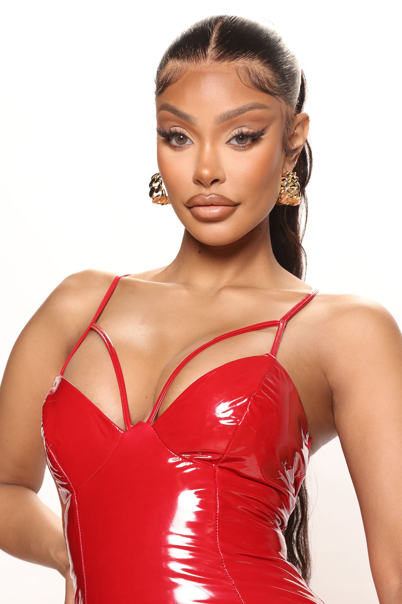 She's A Baddie Latex Midi Dress - Red