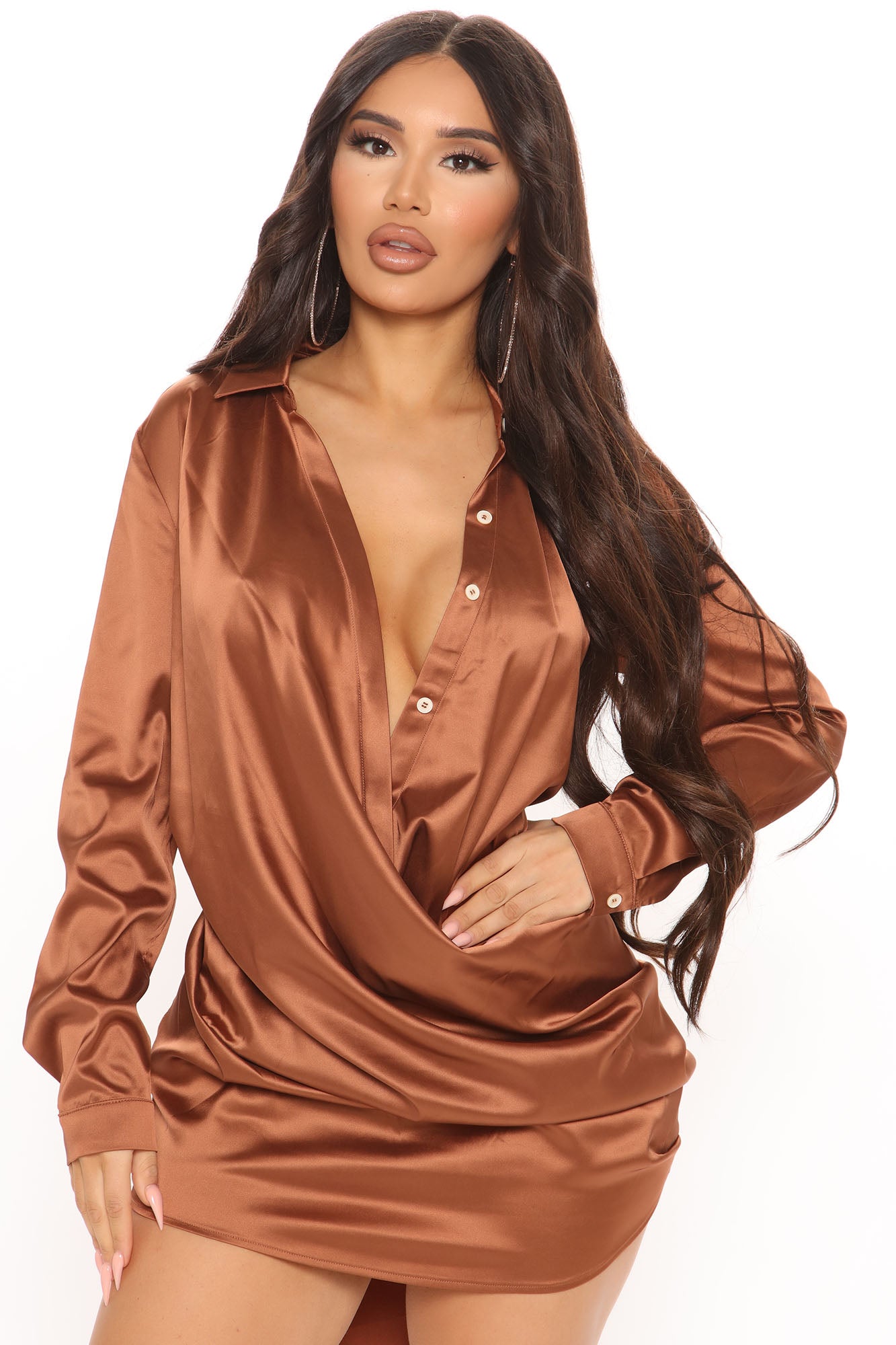 Time Of Your Life Satin Shirt Dress - Brown