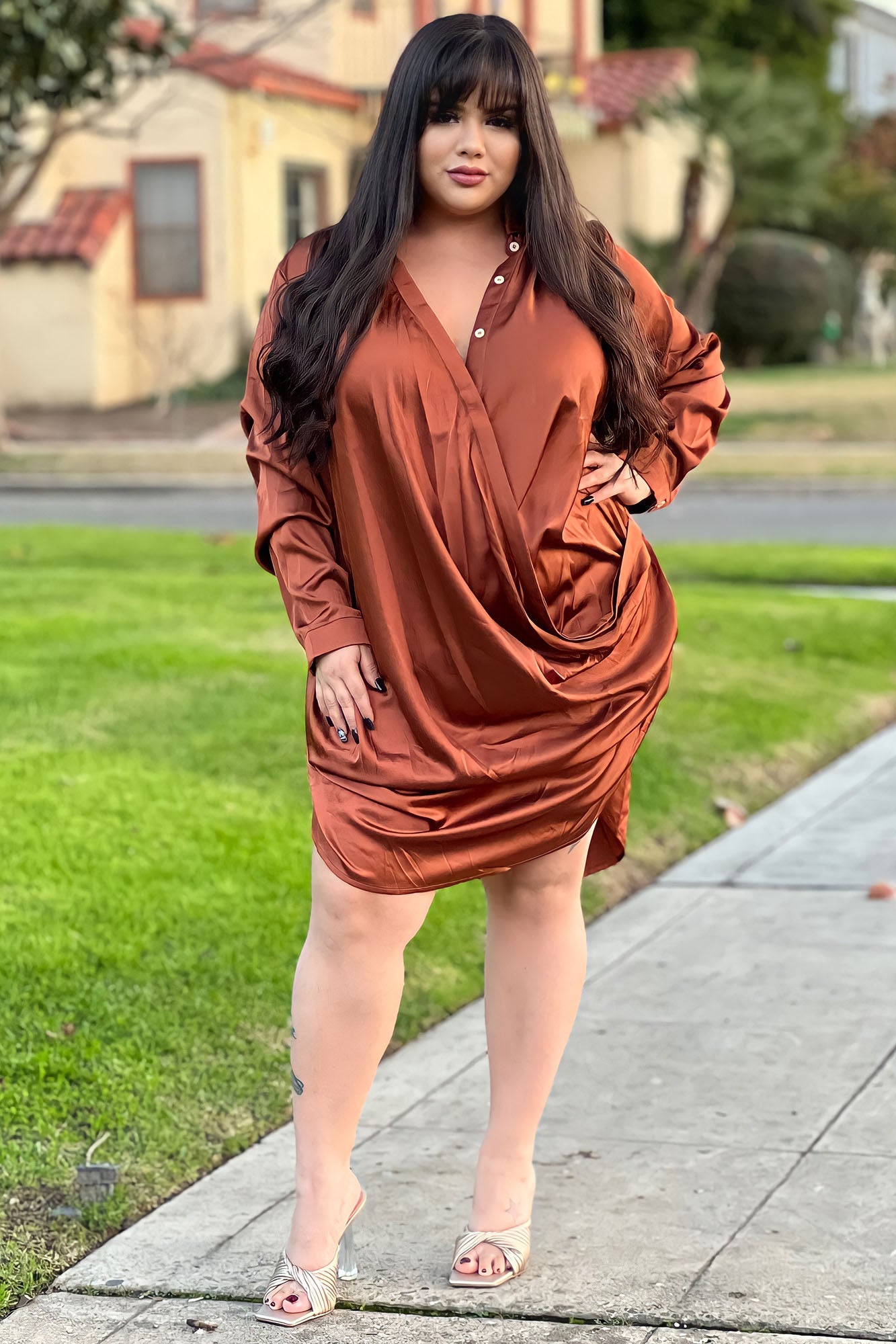 Time Of Your Life Satin Shirt Dress - Brown