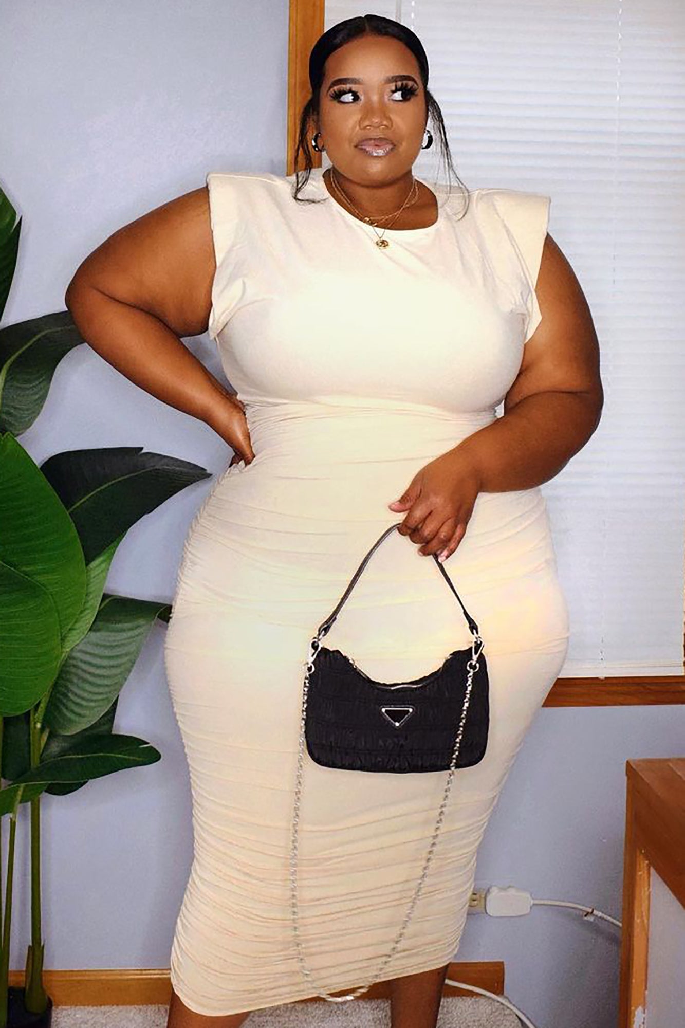 One And Only Shoulder Pad Midi Dress - Cream