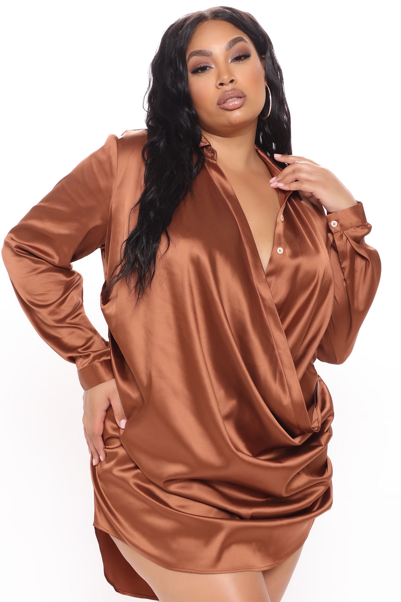 Time Of Your Life Satin Shirt Dress - Brown